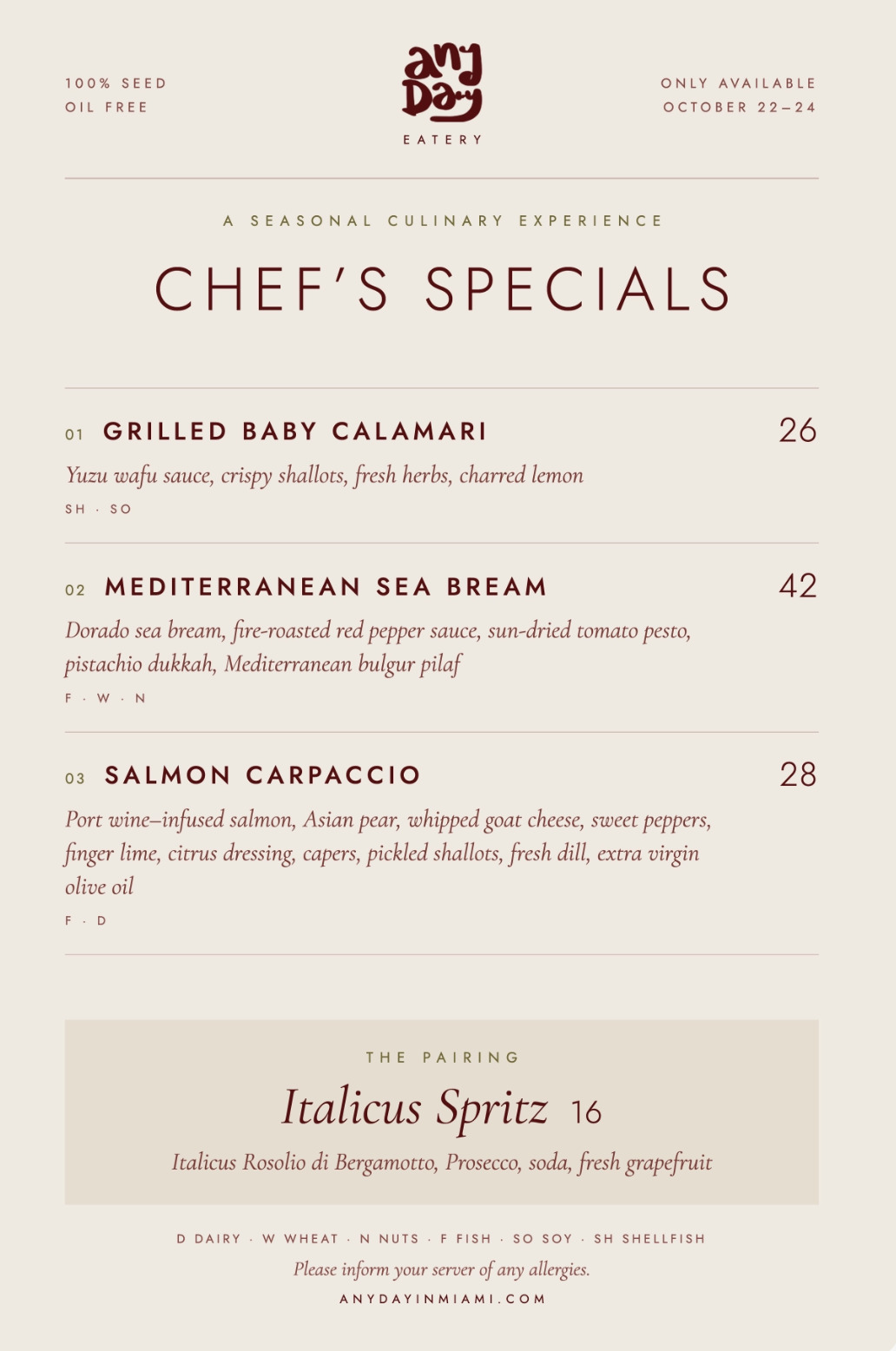 Anyday Chef's Specials seasonal menu
