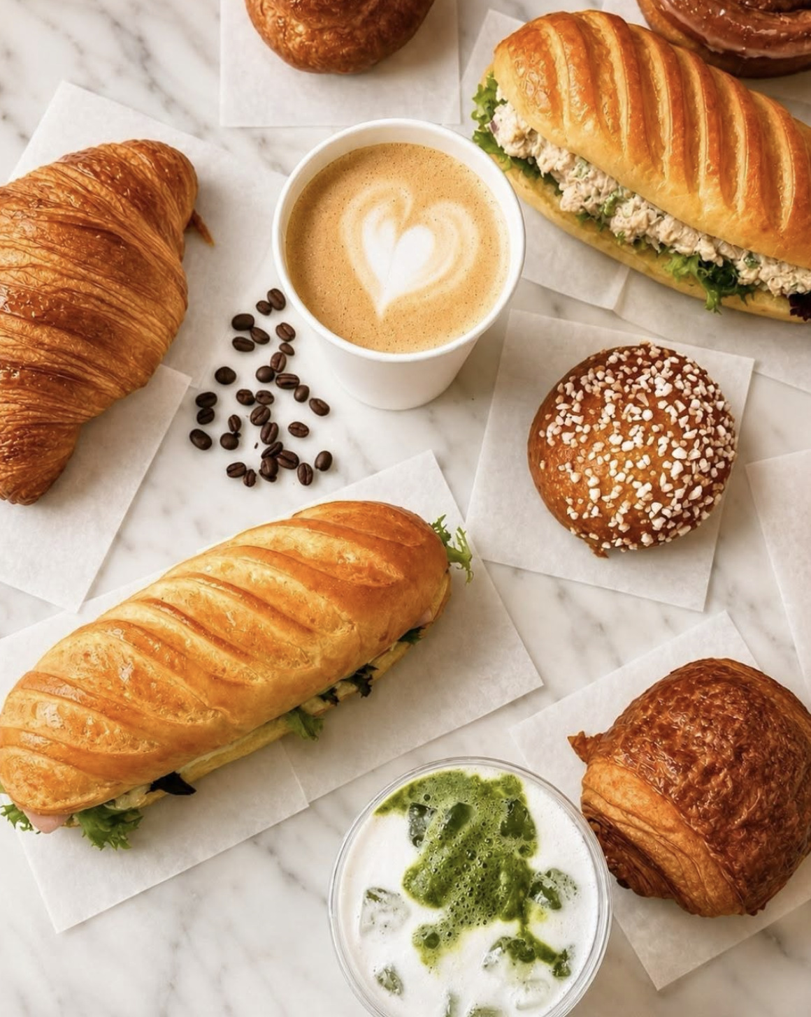 Croissants, brioche sandwiches, latte and iced matcha