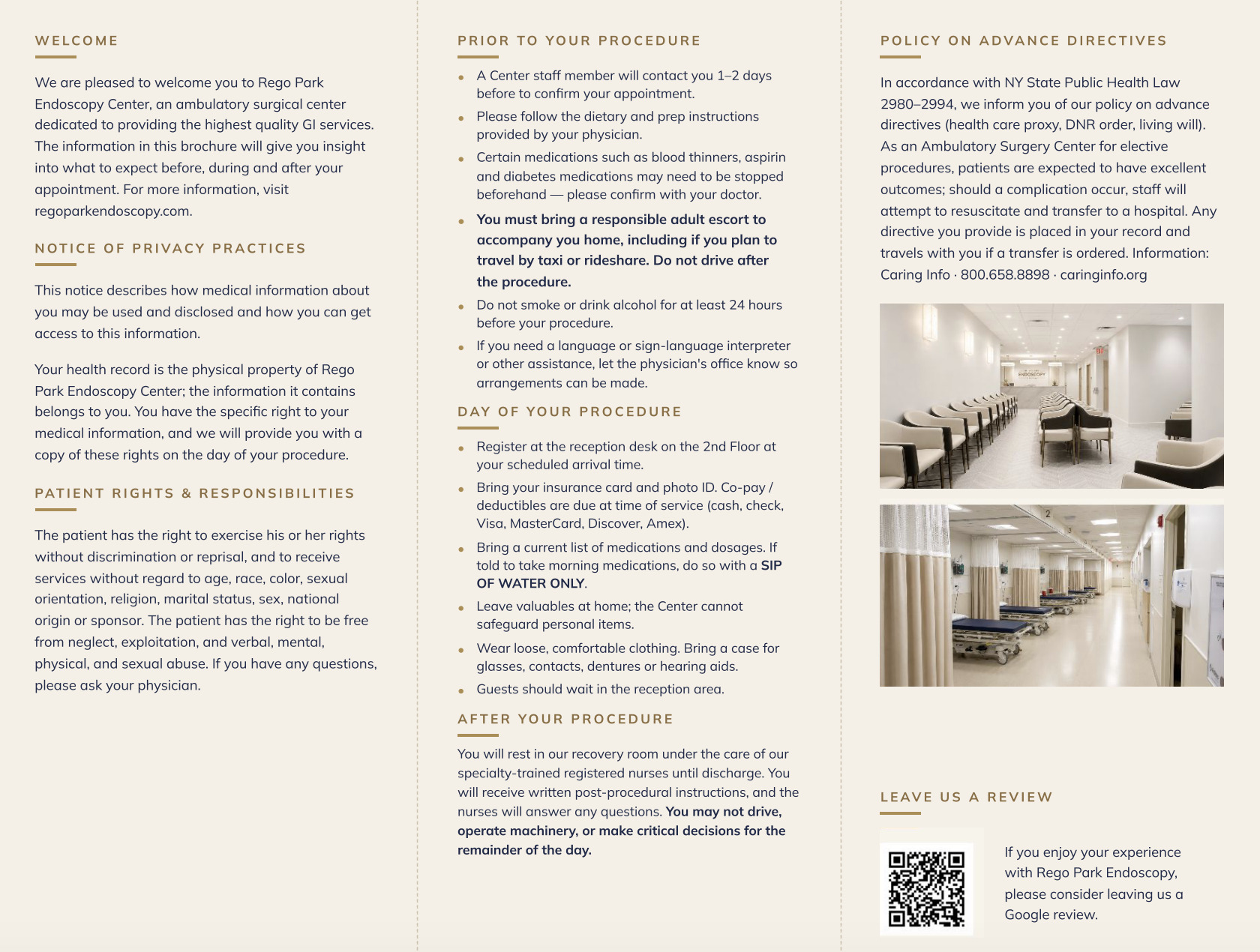Rego Park Endoscopy Center patient brochure, inside panels