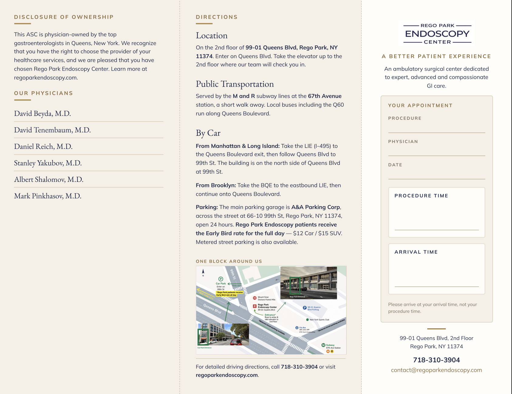 Rego Park Endoscopy Center patient brochure, outside panels