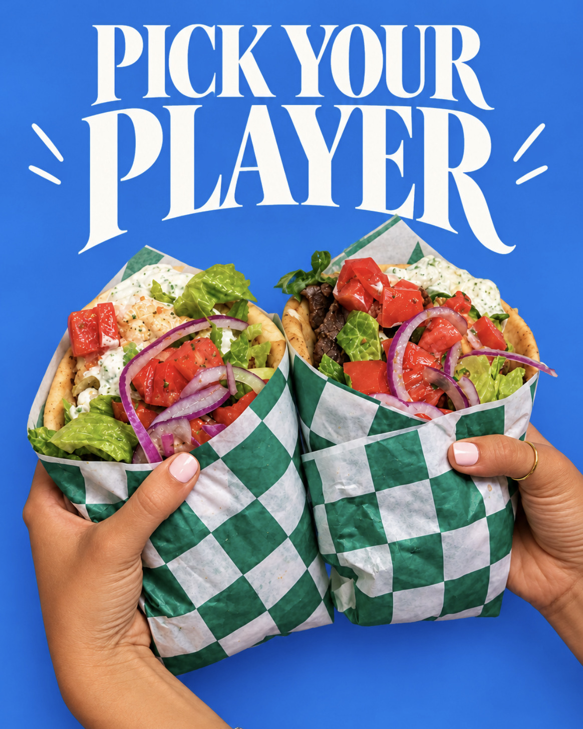 Pick Your Player: two pita wraps in checkered paper on blue