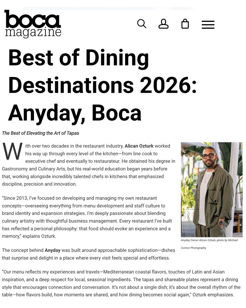 Boca Magazine: Best of Dining Destinations 2026 — Anyday, Boca